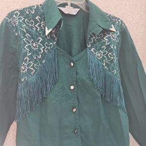ILIA Teal Lace Fringe Button Down Shirt